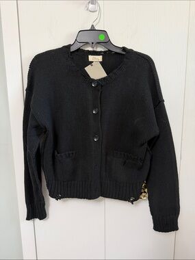 Elan Black Distressed Button-Front Cardigan